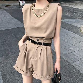 Chain-accent Sleeveless Loose Top / High-waist Dress Shorts