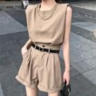 Chain-accent Sleeveless Loose Top / High-waist Dress Shorts
