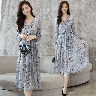 Long Sleeve V-neck Floral Wrapped Midi Dress