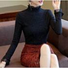 Long-sleeve Mesh-trim Plain Top