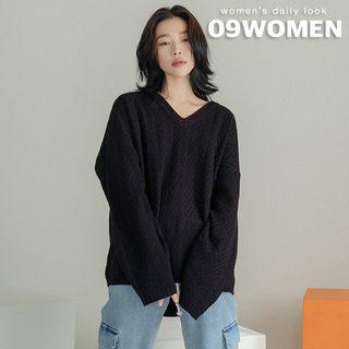 V-neck Oversized Herringbone Sweater