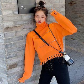 Distressed Turtle-neck Cropped Sweater