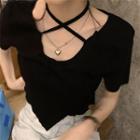 Short-sleeve Halter Asymmetric Cropped Top