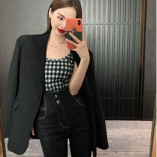 Plain Loose-fit Blazer / Check Camisole Top / High-waist Skinny Jeans