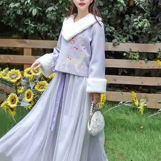 Set: Long-sleeve Embroidered Top + Midi A-line Mesh Skirt