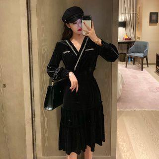 Long-sleeve Velvet Glitter Midi A-line Dress