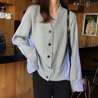 Striped Panel Cardigan Light Gray - One Size