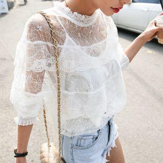 Set: Smocked Sheer Lace Top + Cropped Camisole