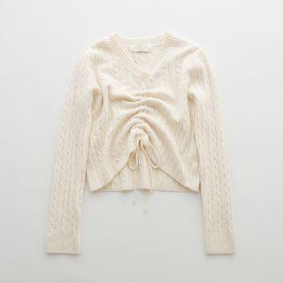 V-neck Plain Ribbed Drawstring Cropped Sweater