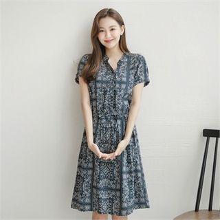 Open-placket Drawstring-waist Patterned Dress