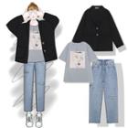 Plain Blazer / Elbow-sleeve Graphic T-shirt / Frayed Hem Straight Fit Ripped Jeans