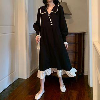Balloon-sleeve Collared Paneled Midi A-line Dress