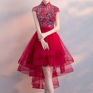 Embroidered Cap-sleeve Dip Back Cocktail Dress