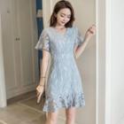 Crochet Short-sleeve Flounced-hem A-line Dress