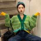 Color-block Knit Cardigan Green - One Size