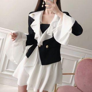 Color Block Ruffle-trim Jacket Black - One Size