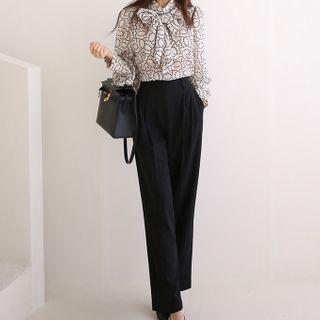 Set: Long-sleeve Tie-neck Print Blouse + Wide Leg Pants