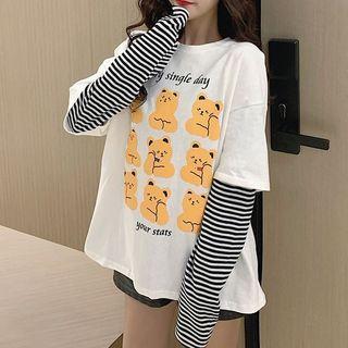 Long-sleeve Mock Two-piece Bear Print T-shirt