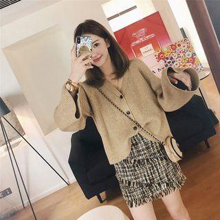 Set: V-neck Flared-sleeve Cardigan + Tweed Fringed Trim Mini Straight-fit Skirt