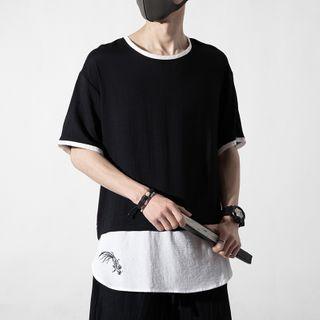 Short-sleeve Contrast Trim Linen T-shirt