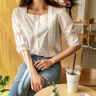 Square-neck Eyelet-lace Trim Blouse Ivory - One Size