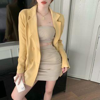 Plain Loose-fit Blazer / Set: Plain Tube Top + Skirt