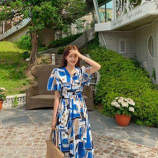 Wrap-front Long Patterned Dress With Sash