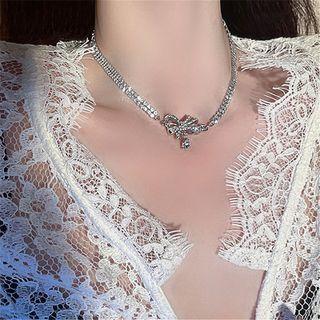 Bow Rhinestone Pendant Alloy Choker Silver - One Size