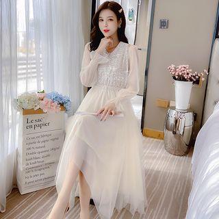 V-neck Sequined Panel Mesh A-line Dress