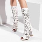 Peep-toe Perforated Block Heel Tall Boots