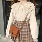 Lace Panel Blouse / Plaid Pleated Mini Skirt