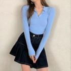 Long-sleeve Collared Knit Top / Denim Mini A-line Skirt