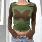 Butterfly Graphic Ribbed Long Sleeve Paneled T-shirt