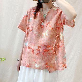 Short-sleeve Printed Linen Top