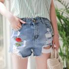 Distressed Flower Embroidered Denim Shorts