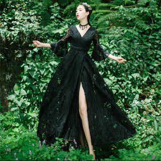 Lace Flared-sleeve Maxi A-line Dress