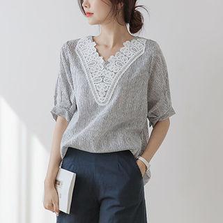Puff-sleeve Crochet-trim Striped Blouse
