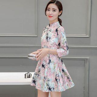 Floral Print 3/4-sleeve Stand-collar Dress