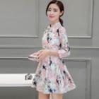 Floral Print 3/4-sleeve Stand-collar Dress