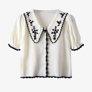 Puff-sleeve Collar Embroidered Knit Top