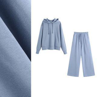 Plain Hoodie / Drawstring Wide-leg Sweatpants/ Set