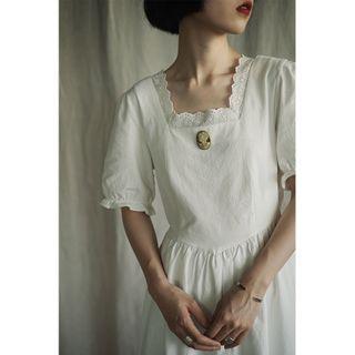 Short-sleeve Square-neck Midi A-line Dress White - One Size