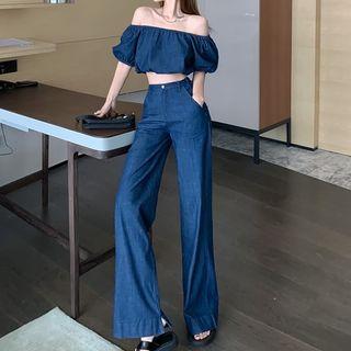 Puff-sleeve Off-shoulder Denim Crop Top / Wide Leg Jeans