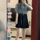 Short-sleeve Gingham Blouse / Mini A-line Skirt / Set