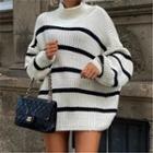 Long Sleeve Mock Neck Striped Loose-fit Sweater