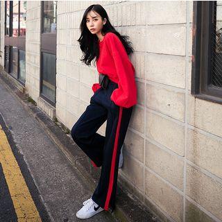 Set: Cropped Pullover + Striped Trim Wide-leg Pants