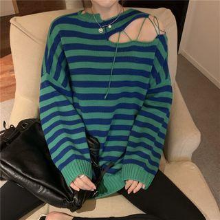 Cut-out Striped Sweater Stripe - Green - One Size