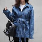 Pocket-front Denim Jacket With Sash Dark Blue - One Size