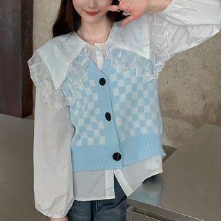 Lace Trim Blouse / Checker Print Vest
