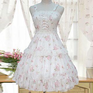 Floral Print Lace Up Front Pinafore Dress